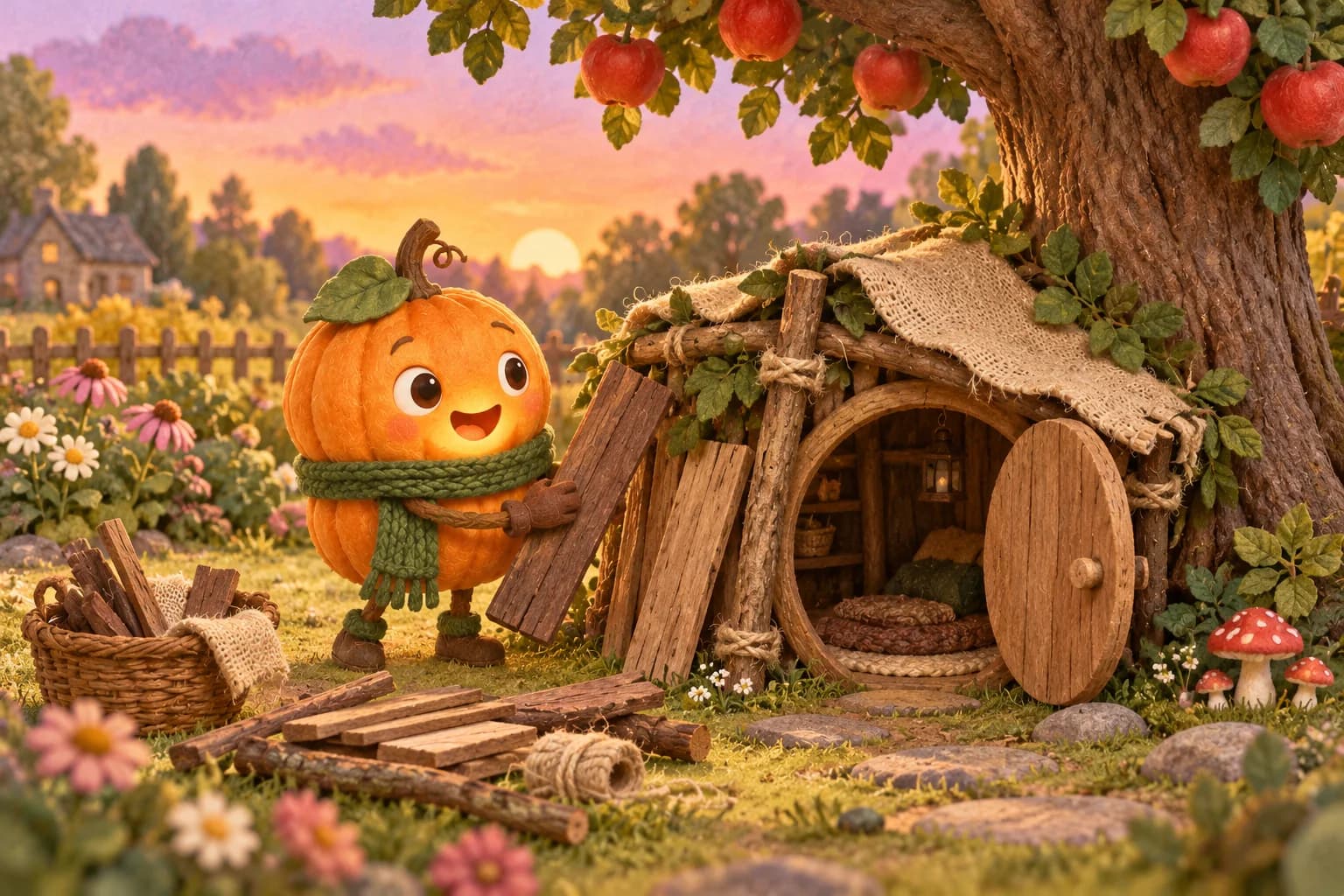 La Citrouille au chapeau-feuille construit une cabane en bois près du vieux pommier, entourée de fleurs, champignons et pierres.