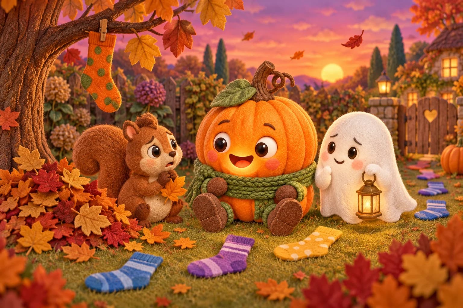 Noisette, inquiet près d’un tas de feuilles, écoute la Citrouille et le Petit Fantôme sous les chaussettes colorées.