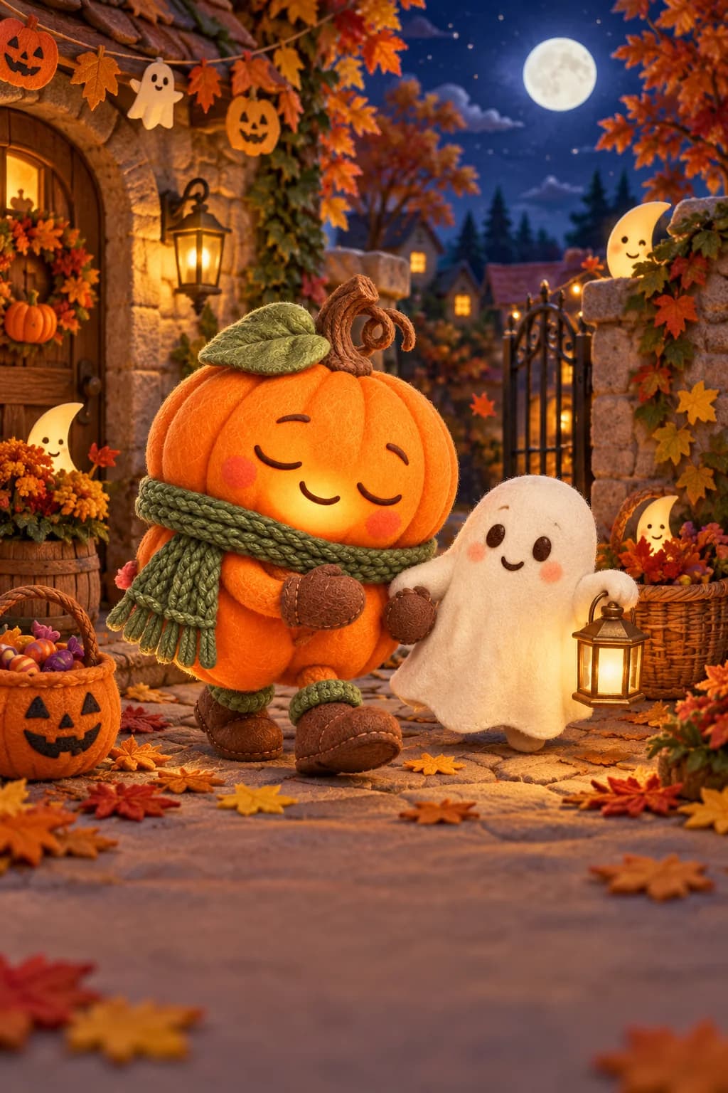 Une citrouille et un petit fantôme cherchent des lunes de papier dans une cour d’automne éclairée.