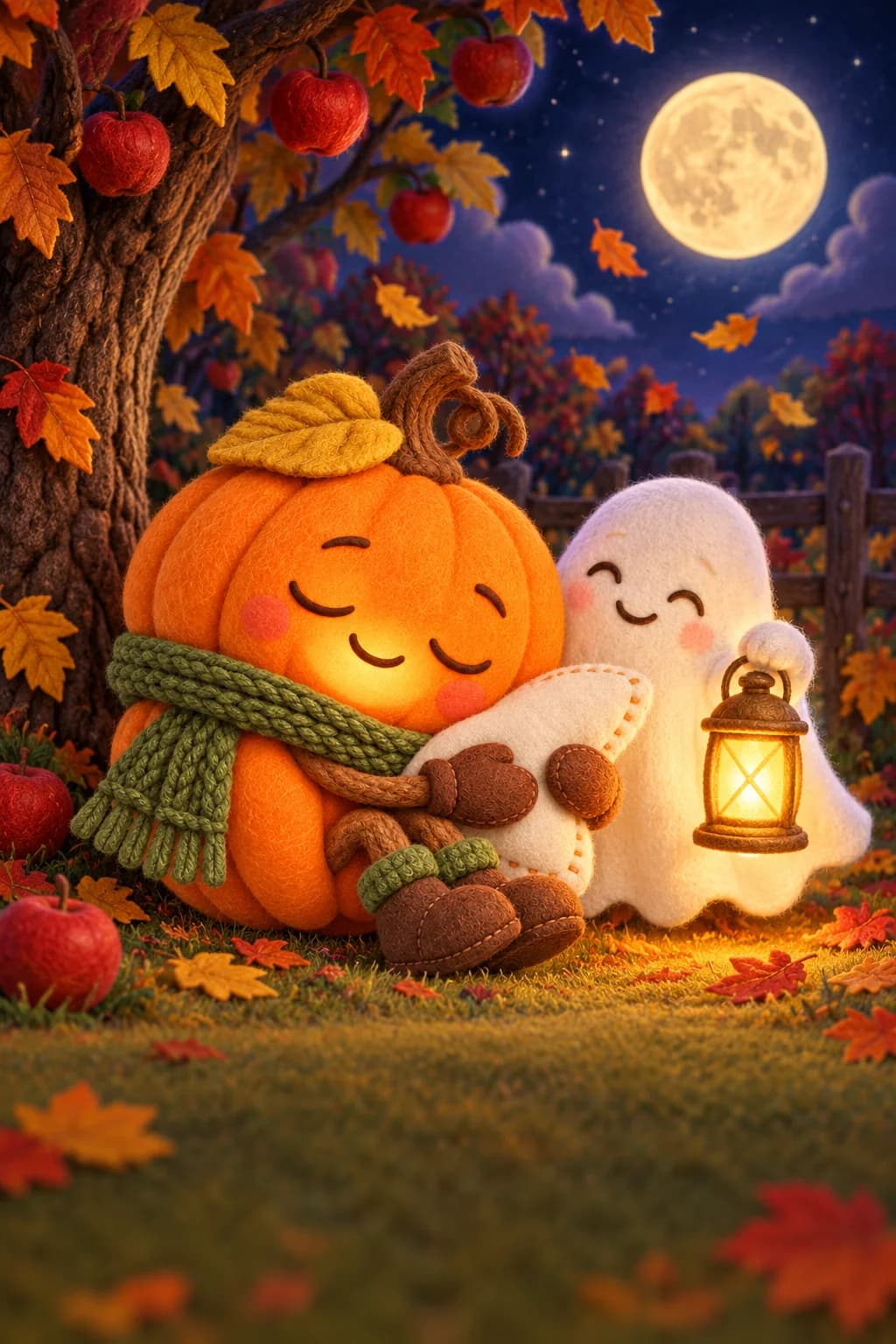 Une citrouille et un petit fantôme brillent doucement sous un pommier, parmi les feuilles d’automne.