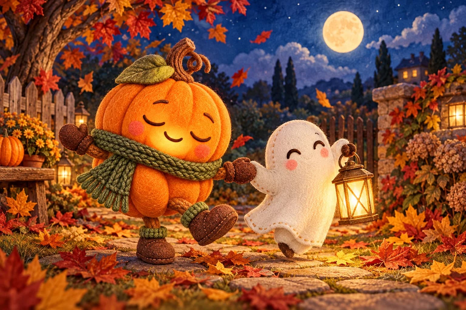La Citrouille et le Petit Fantôme dansent sur un chemin couvert de feuilles, près d’une lanterne dorée.