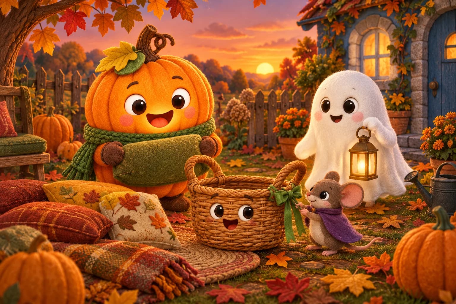 La Citrouille, le Petit Fantôme, Mimi et Biscotte installent des coussins dans le jardin bleu, sous les feuilles d’automne.
