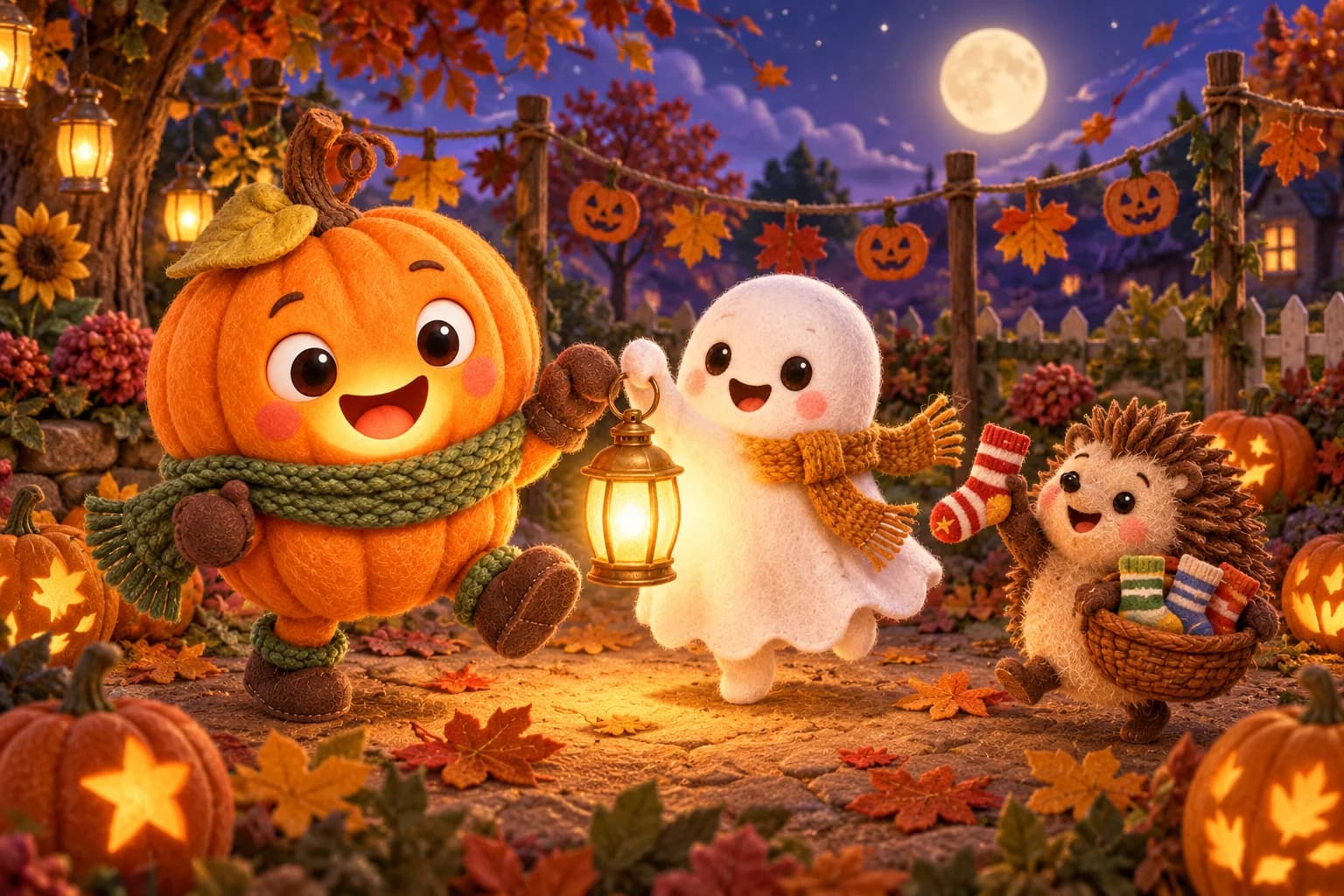 Dans le jardin d’Halloween, la Citrouille, le Petit Fantôme et Zigzag se réunissent autour de la lanterne dorée.