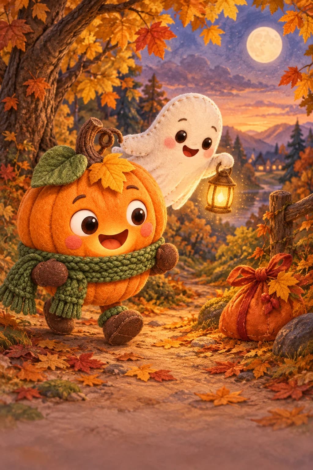 La Citrouille et le Petit Fantôme découvrent un baluchon orange sur un sentier couvert de feuilles rousses.