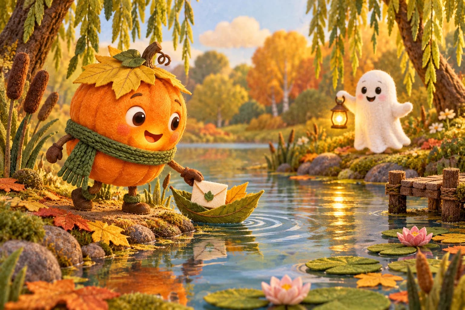 Au bord de l’étang, la Citrouille pose une lettre dans un bateau de feuilles, tandis que le Petit Fantôme l’observe.