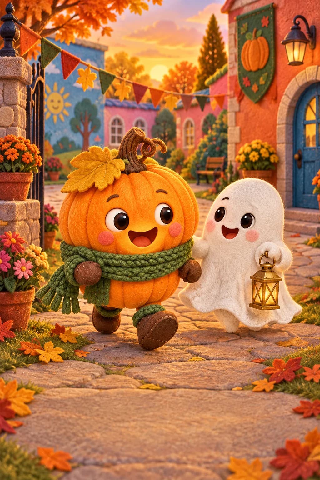 La Citrouille et le Petit Fantôme suivent un chemin coloré dans la cour de l’école au soir d’automne.