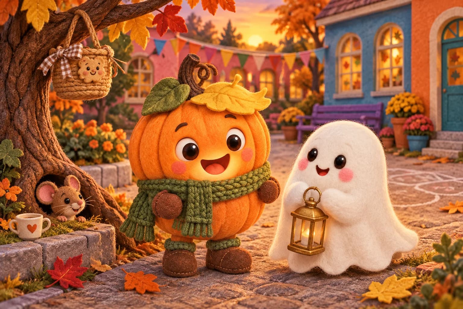 Dans la cour colorée, une citrouille coiffée de jaune accompagne un fantôme blanc, tandis qu’une souris observe et qu’un panier pend.