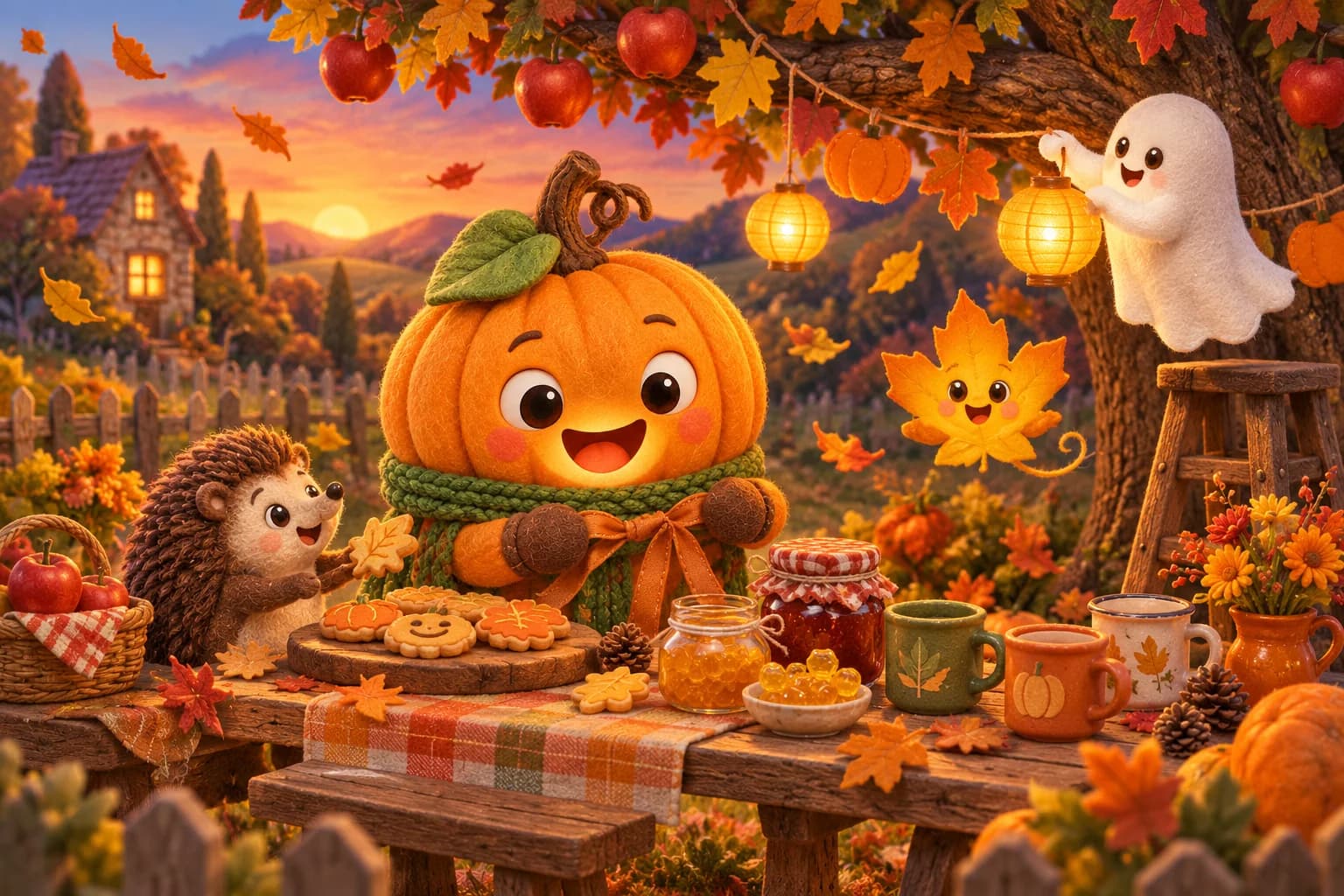 Sous le vieux pommier, la Citrouille prépare la table tandis que le Petit Fantôme accroche des décorations parmi les feuilles colorées.