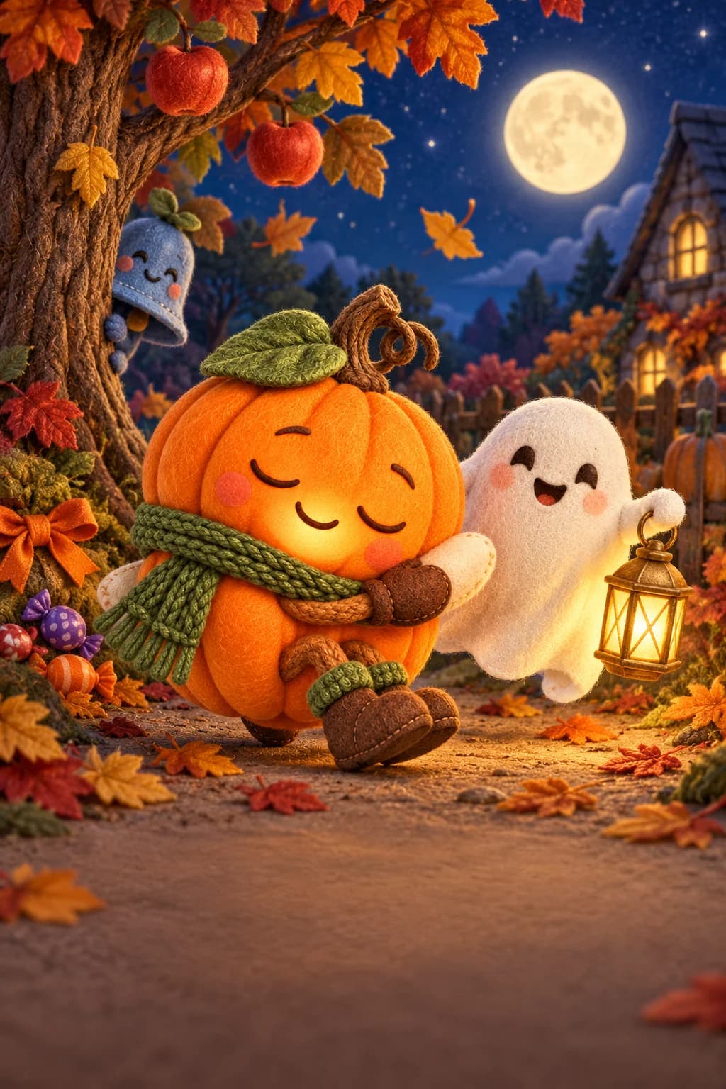 La Citrouille et le Petit Fantôme avancent dans un jardin d’automne sous une grande lune.
