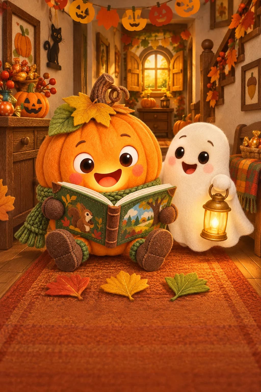 La Citrouille et le Petit Fantôme découvrent une petite fenêtre dorée au bout d’un couloir décoré.