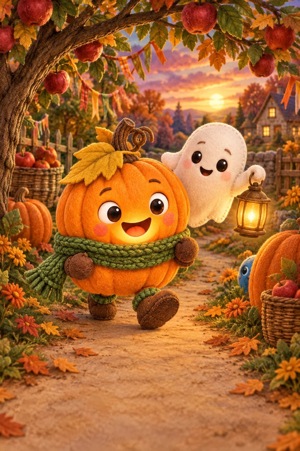 La Citrouille et le Petit Fantôme observent un jardin décoré, éclairé par une lanterne dorée.
