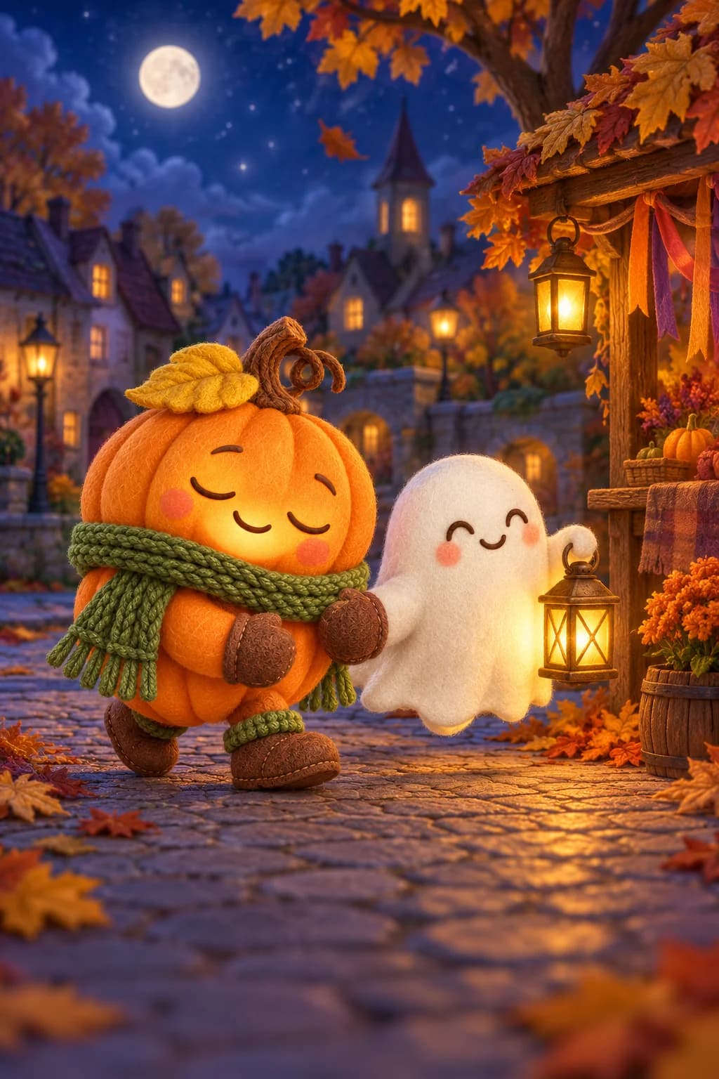 Une citrouille et un petit fantôme avancent vers un kiosque sous les feuilles d’automne.