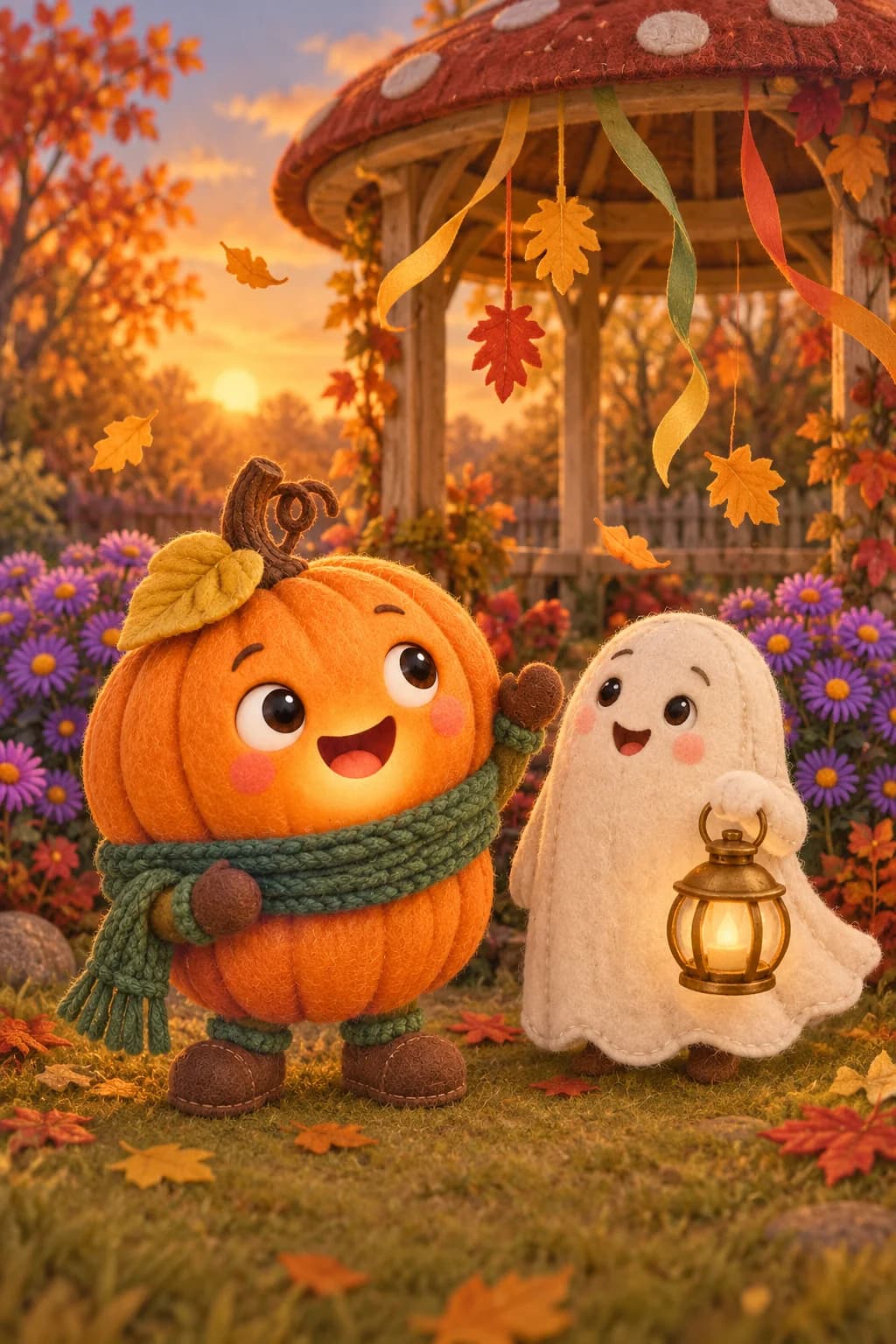 La Citrouille et le Petit Fantôme découvrent un kiosque où des feuilles pendent à des rubans.