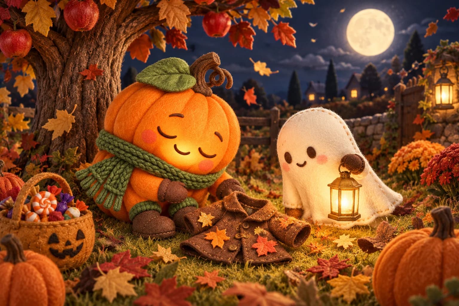 Sous la lune ronde, la Citrouille et le Petit Fantôme découvrent un minuscule manteau brun près du vieux pommier.