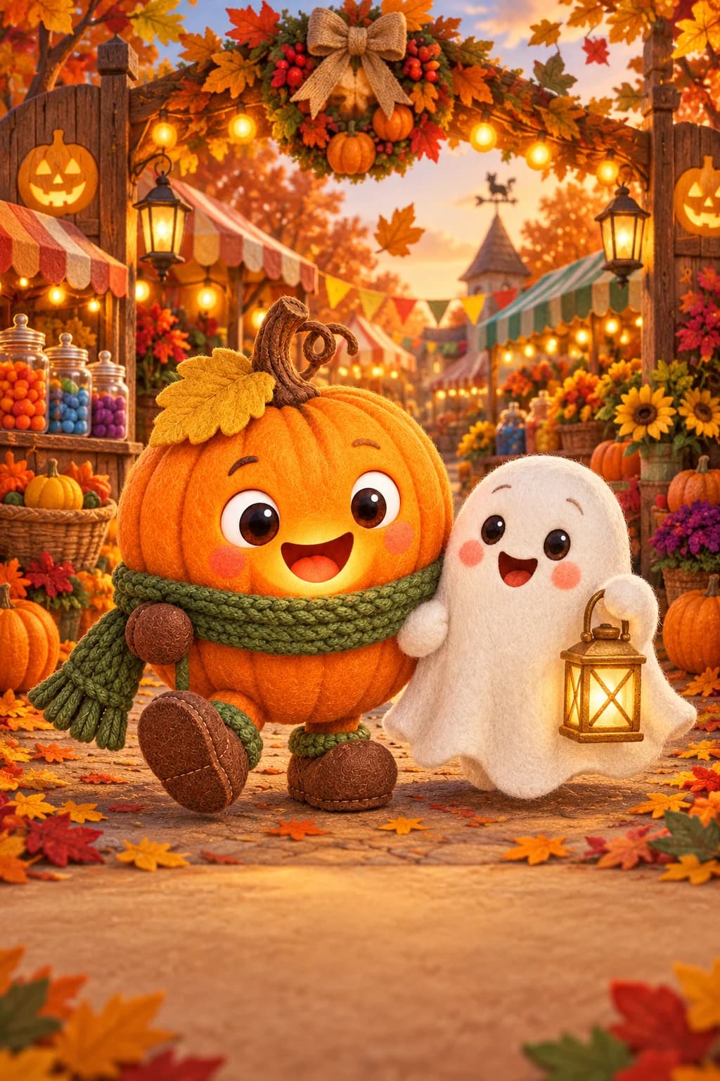 La Citrouille et le Petit Fantôme se tiennent devant un marché d’automne illuminé par des guirlandes.