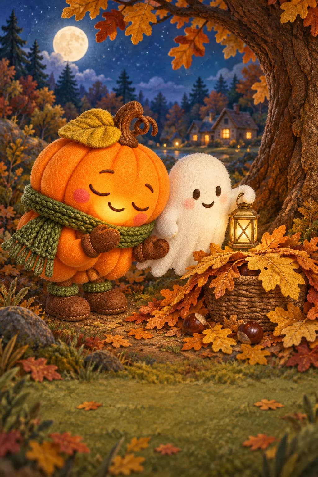 Une citrouille et un petit fantôme découvrent un panier caché sous les feuilles près d’un grand chêne.
