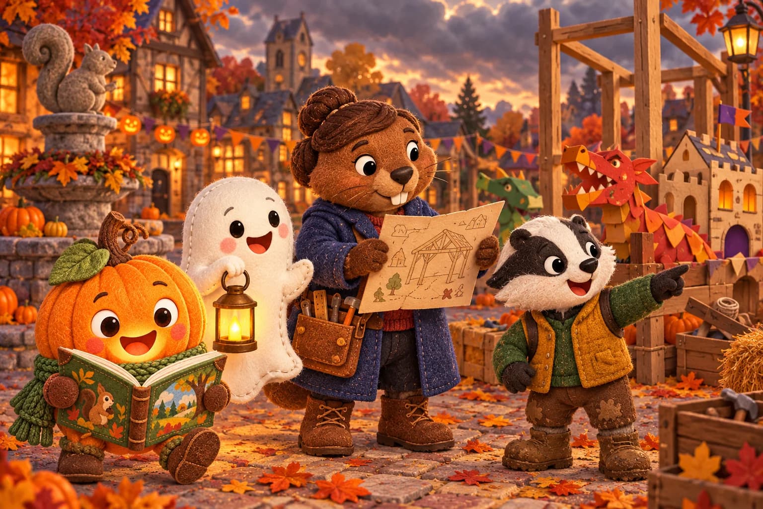 Sur la place décorée pour Halloween, la Citrouille et le Fantôme accompagnent Agathe, qui étudie une carte, tandis que Basile désigne une ruelle.