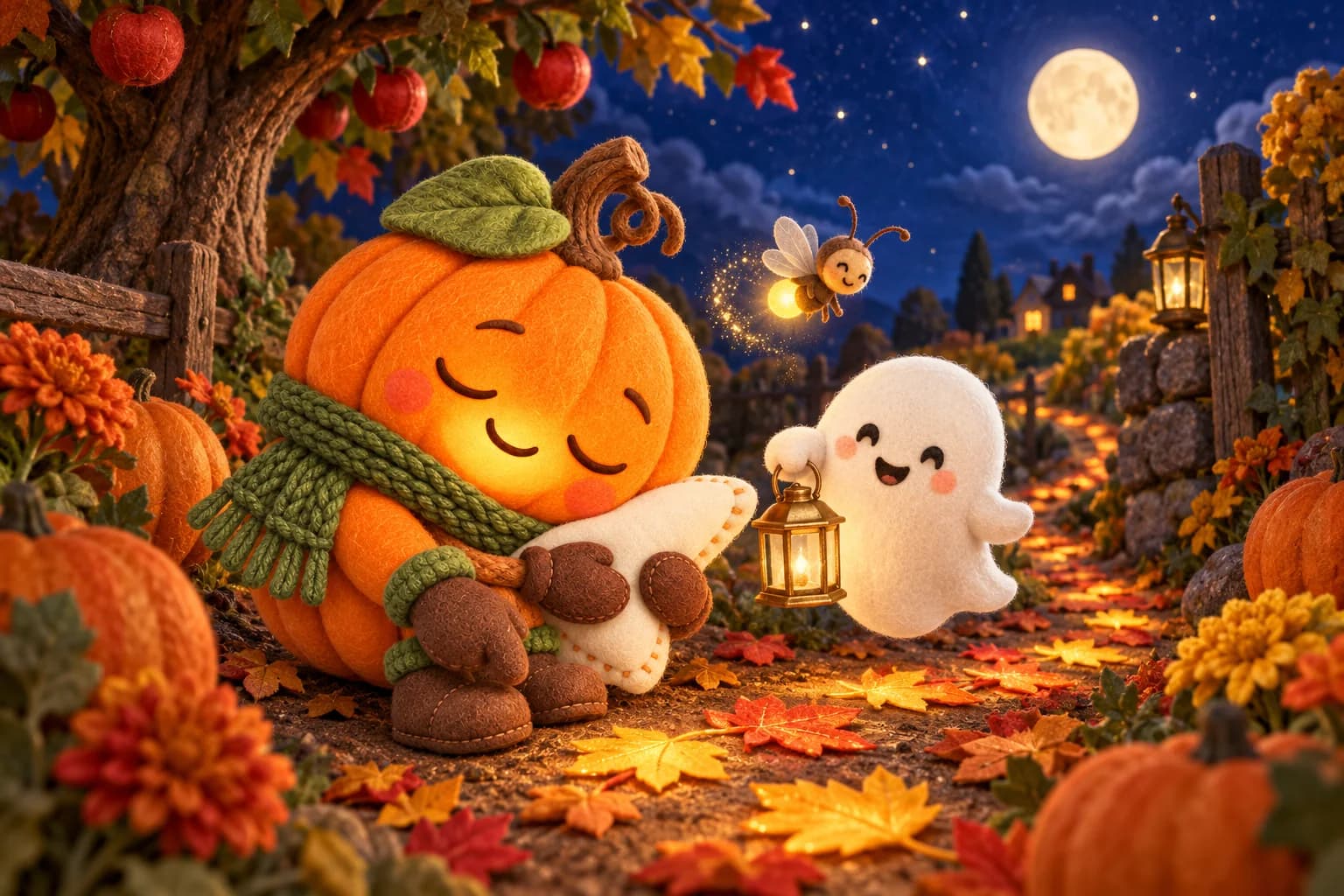 Dans un jardin d’Halloween étoilé, une Citrouille, un Petit Fantôme et Lila découvrent des feuilles d’automne lumineuses.