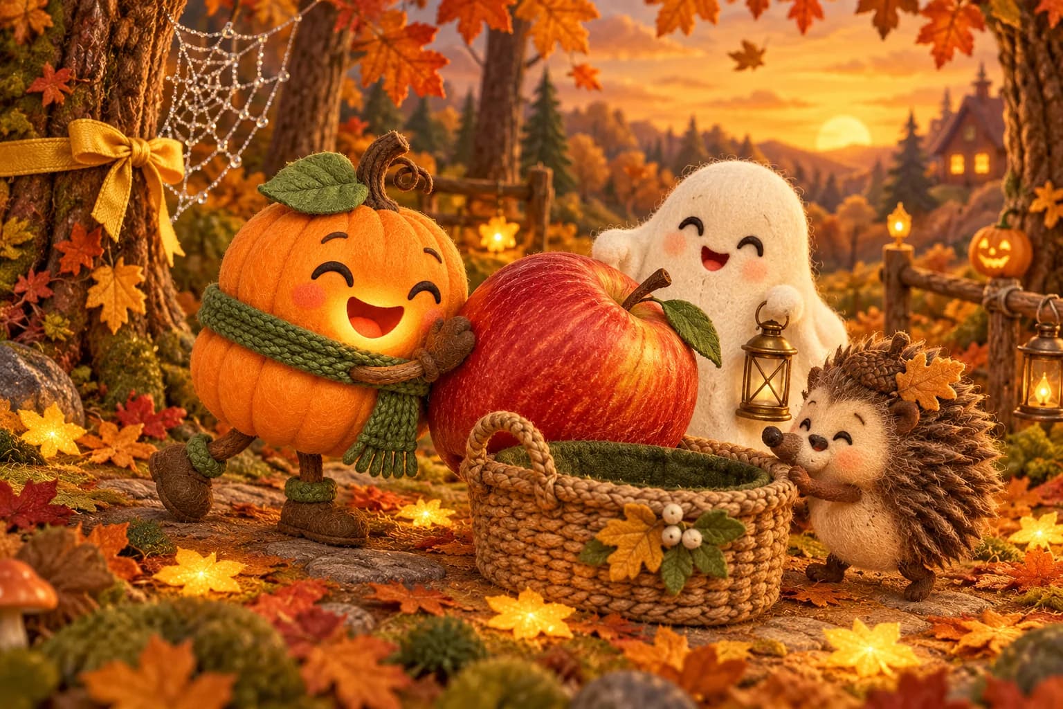 La Citrouille et le Petit Fantôme aident Toupie le hérisson à pousser une grosse pomme vers son panier.