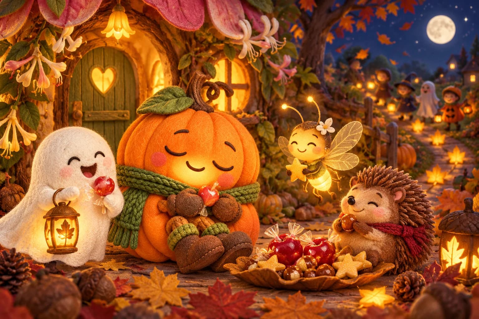 Devant la maison fleurie de Lila, les amis partagent des friandises sous un chemin de feuilles lumineuses.