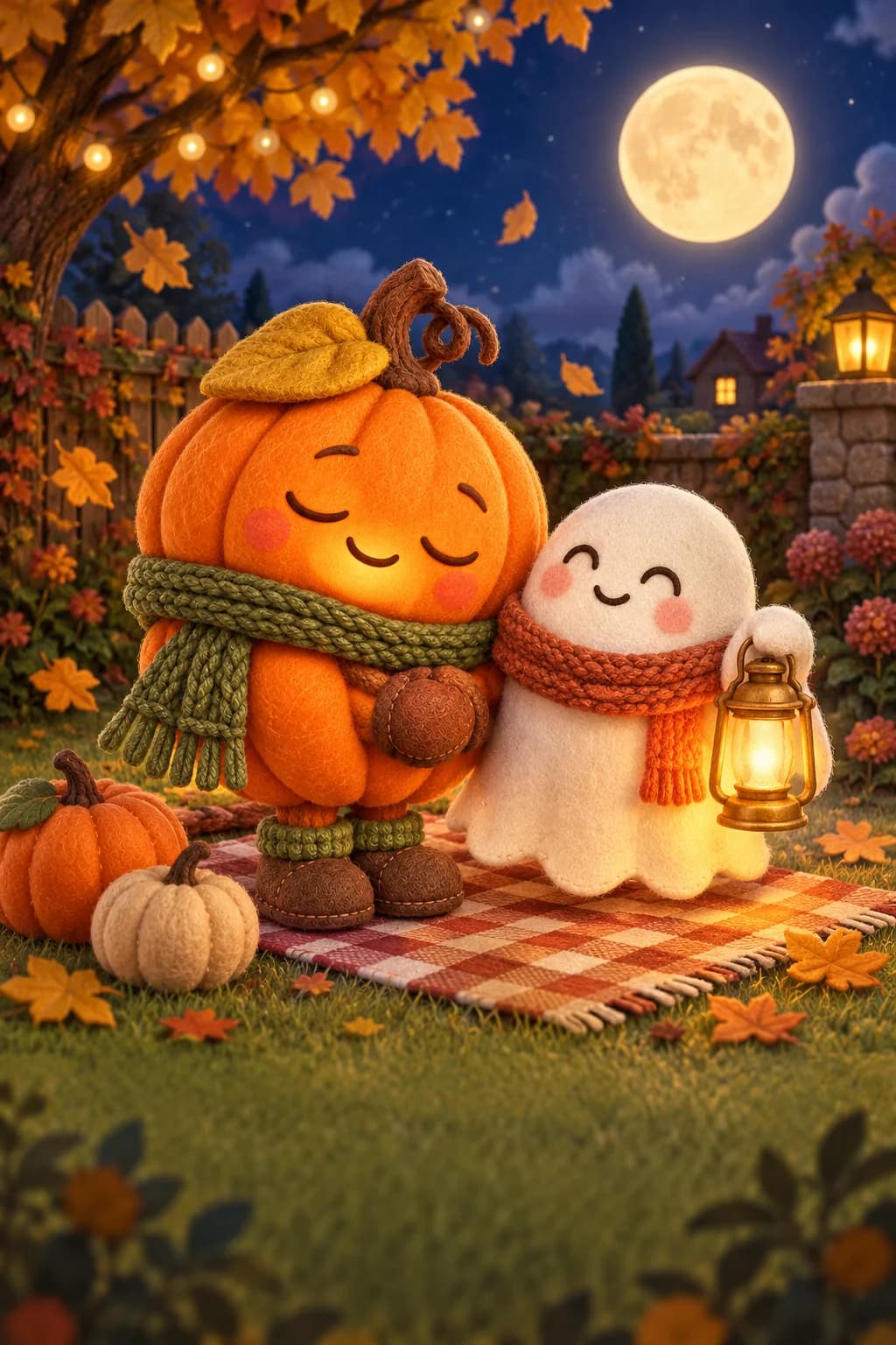 La Citrouille et le Petit Fantôme préparent une nappe entourée de feuilles dorées sous la lune.