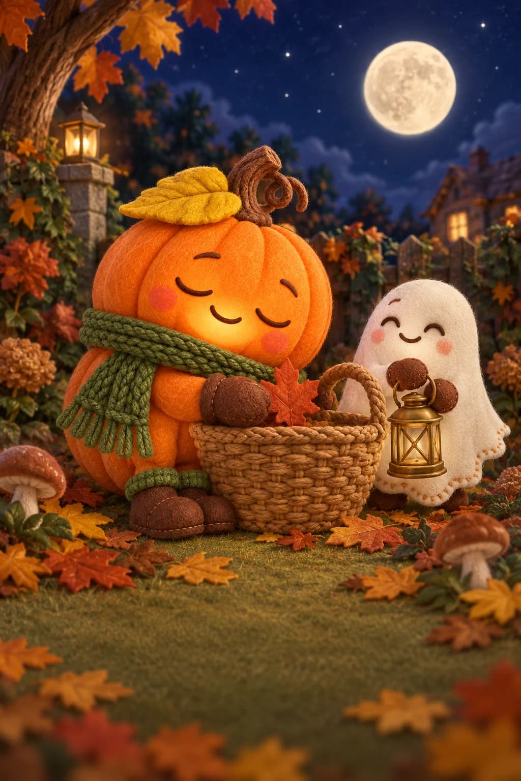 La Citrouille et le Petit Fantôme veillent près d’une grande corbeille sous la lune.