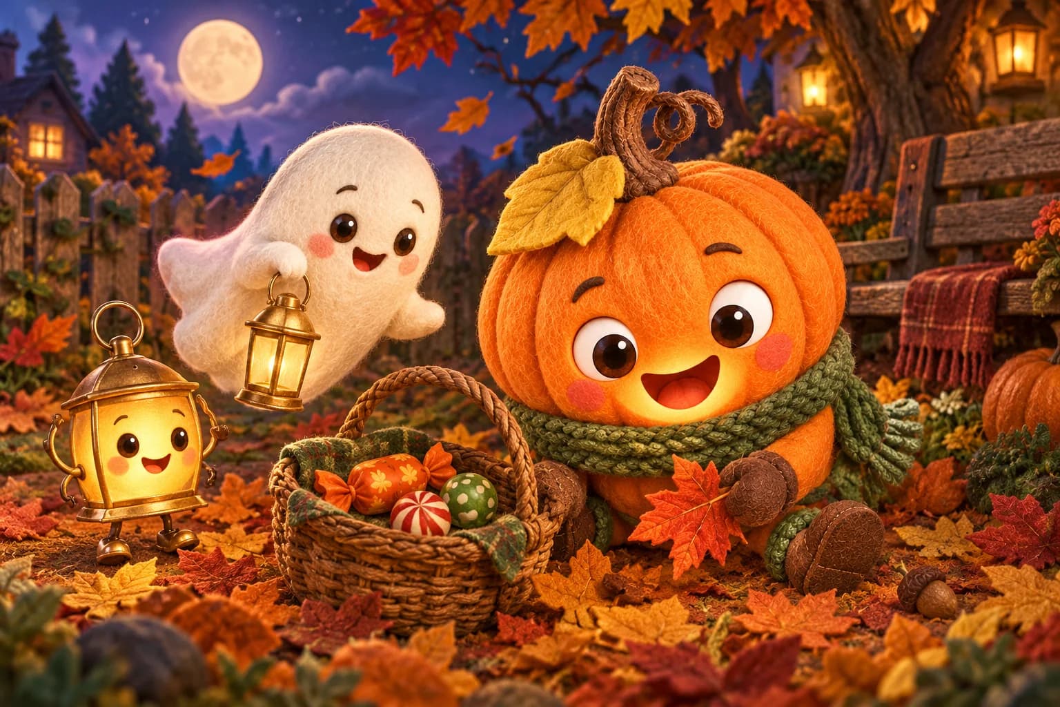 La Citrouille, le Petit Fantôme et Lulu cherchent des douceurs près d’un banc, tandis que la corbeille contient trois bonbons.