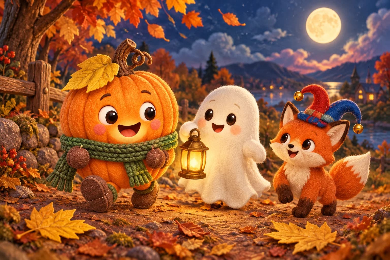 La Citrouille, le Petit Fantôme, Nono et Grelot avancent sur un chemin d’automne éclairé par la lune.