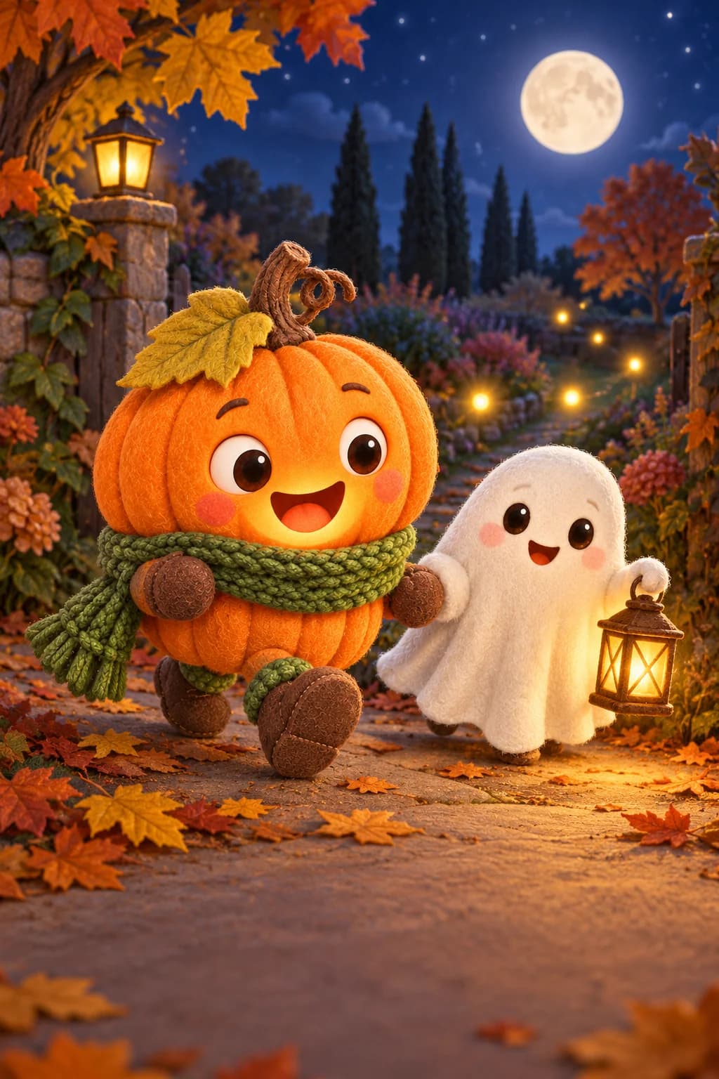 La Citrouille et le Petit Fantôme suivent quelques lumières dorées dans un jardin d’automne.