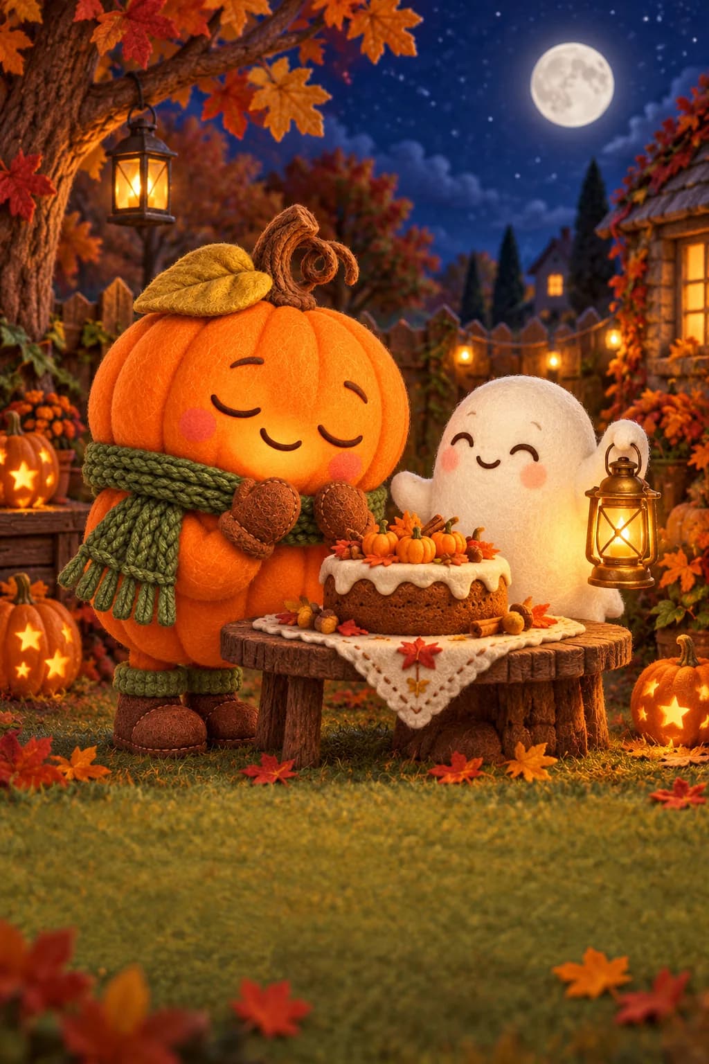 La Citrouille et le Petit Fantôme veillent près d’un gâteau rond dans un jardin d’automne éclairé.