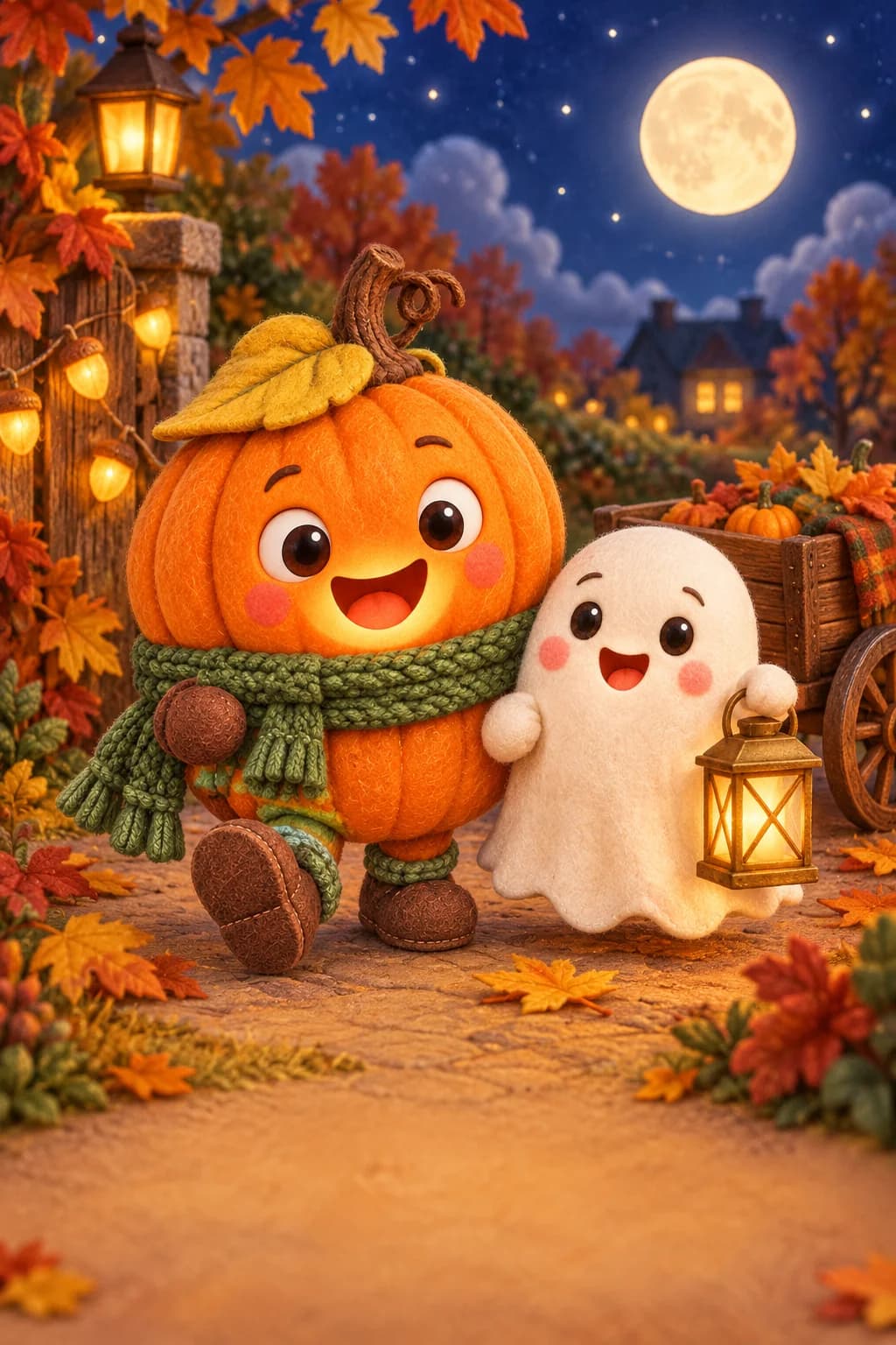 La Citrouille et le Petit Fantôme se tiennent dans un jardin d’automne sous la lune.