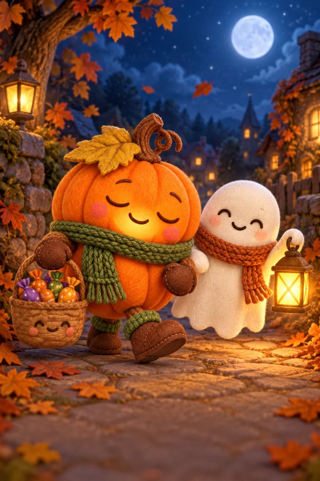 La Citrouille et le Petit Fantôme partent sur un chemin avec une lanterne et un panier de bonbons.