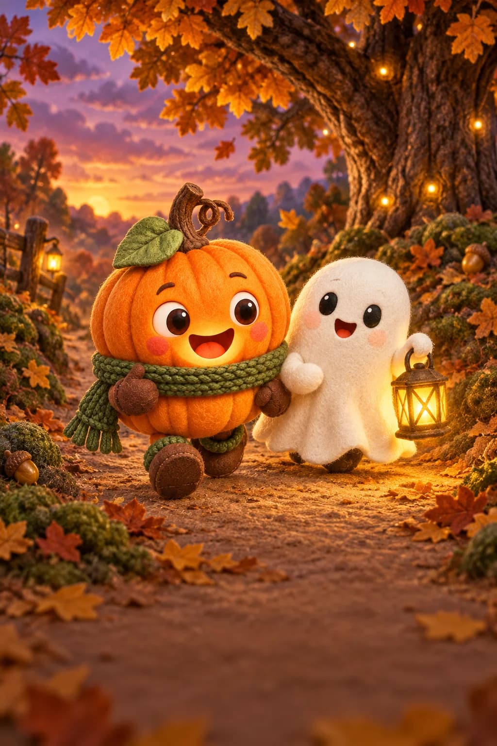 La Citrouille et le Petit Fantôme suivent un chemin lumineux sous les arbres d’automne.