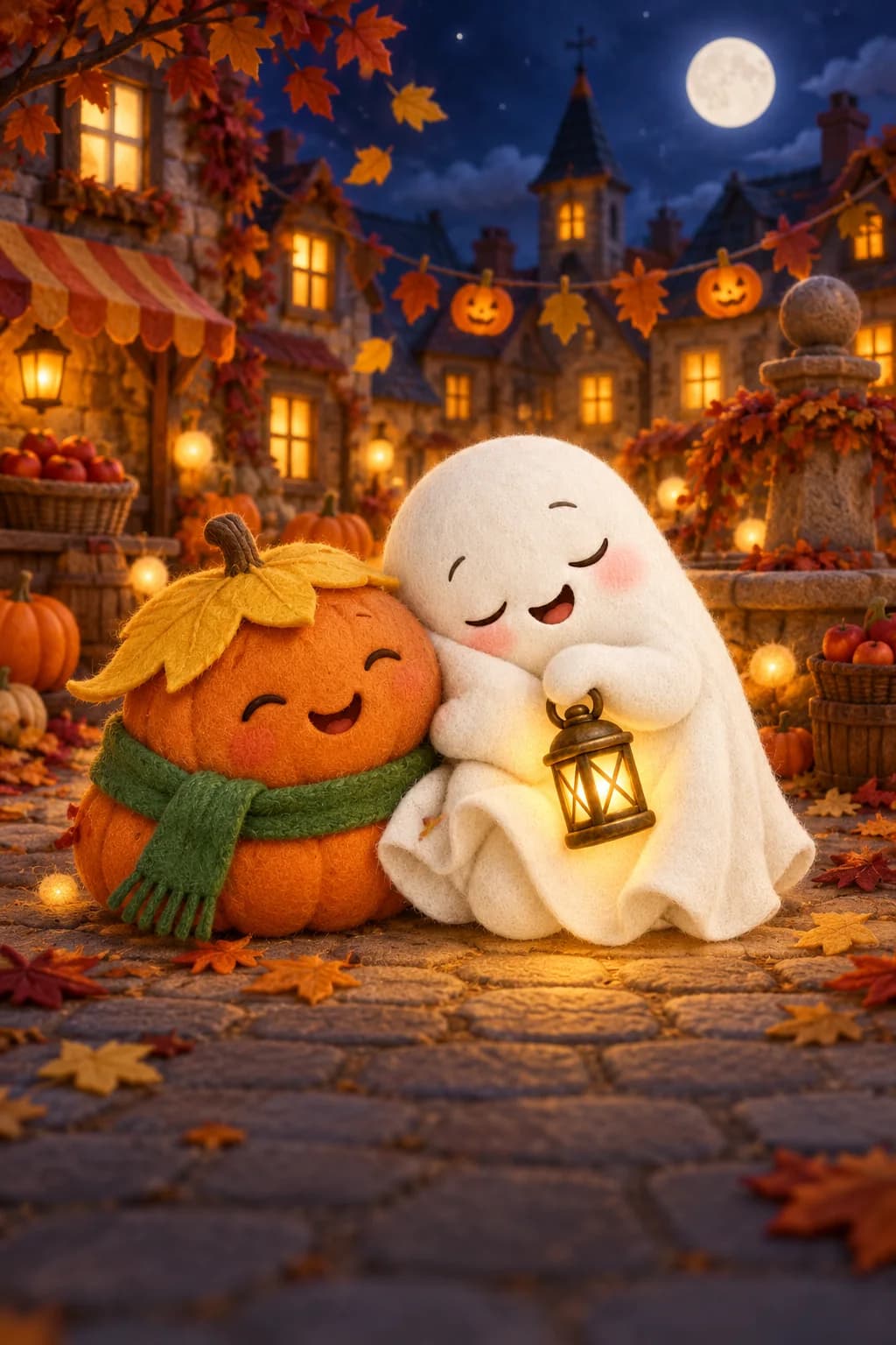 Une citrouille et un petit fantôme cherchent des lumières cachées sur une place d’automne.