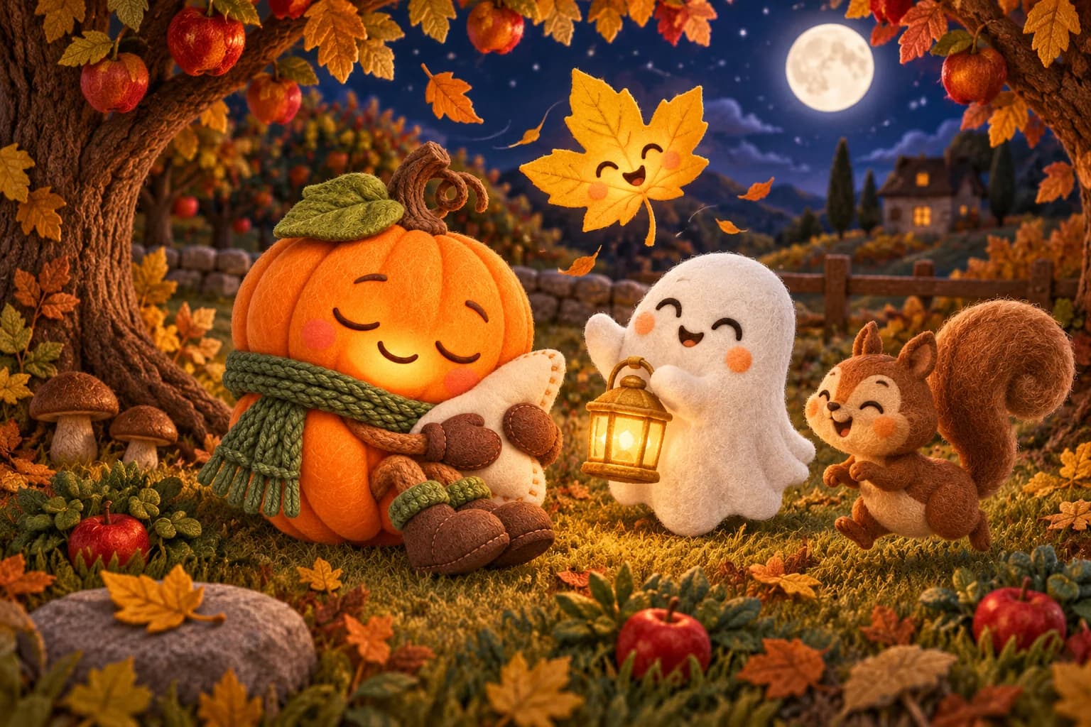 Dans le verger éclairé par la lune, la Citrouille, le Petit Fantôme, Noisette et Paillette cherchent des trésors cachés.