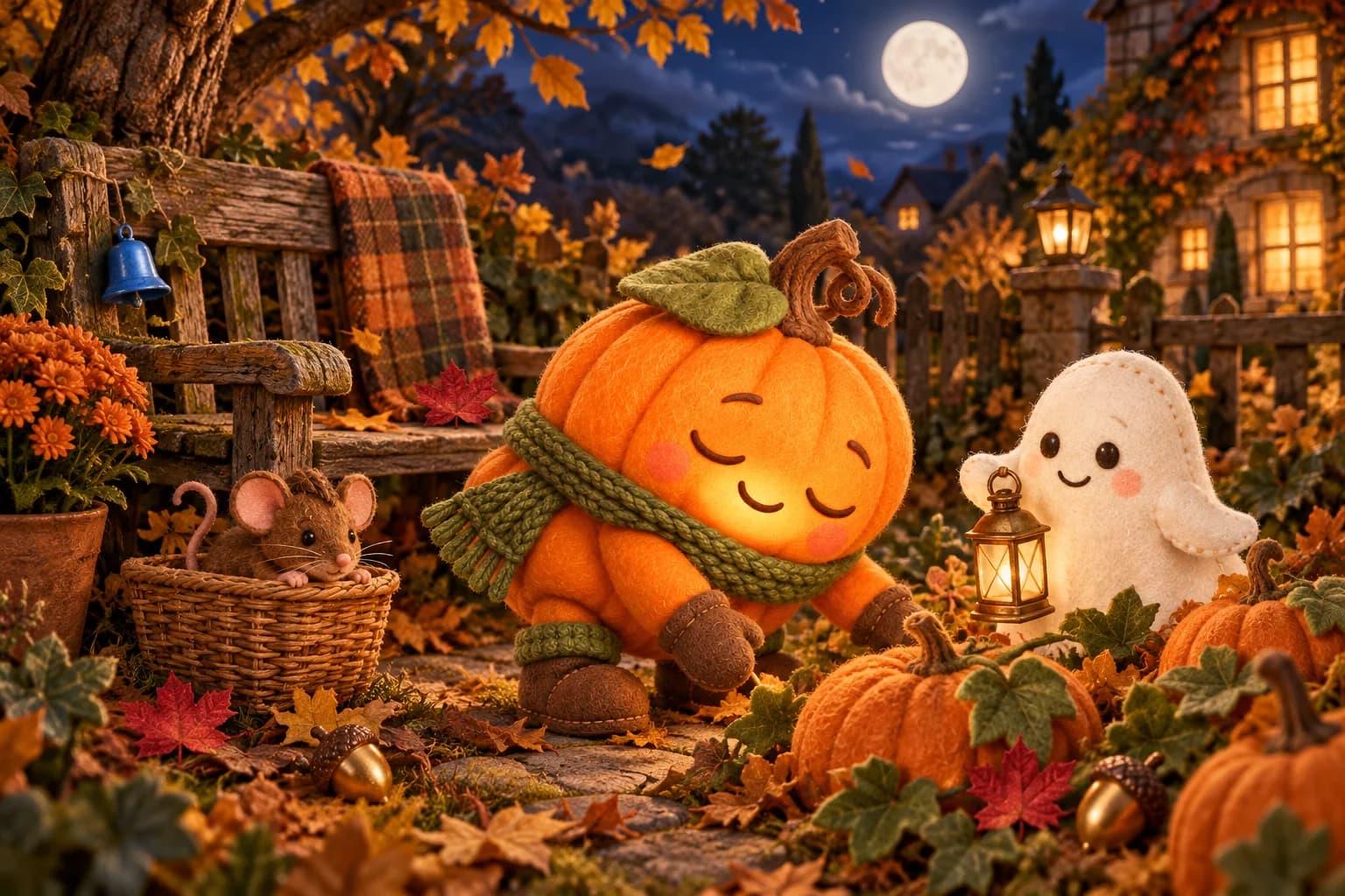 Dans le jardin nocturne, la Citrouille et le Petit Fantôme cherchent près du banc, tandis que Biscotte observe depuis un panier.