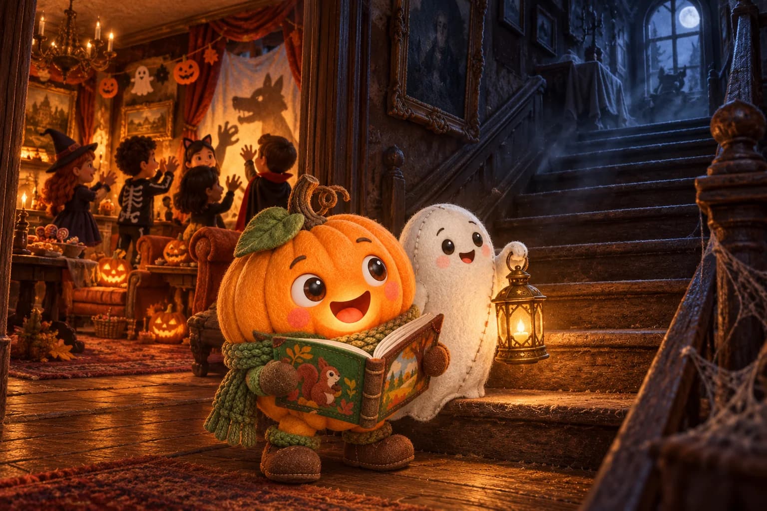 Au pied de l’escalier sombre, la Citrouille en écharpe verte et le Petit Fantôme à la lanterne regardent vers le grenier.