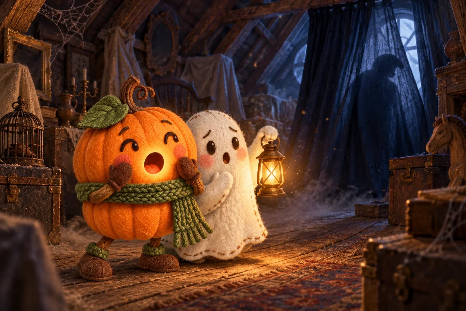 Dans le grenier encombré, la Citrouille et le Petit Fantôme éclairent un rideau bleu derrière lequel se dessine une silhouette voûtée.