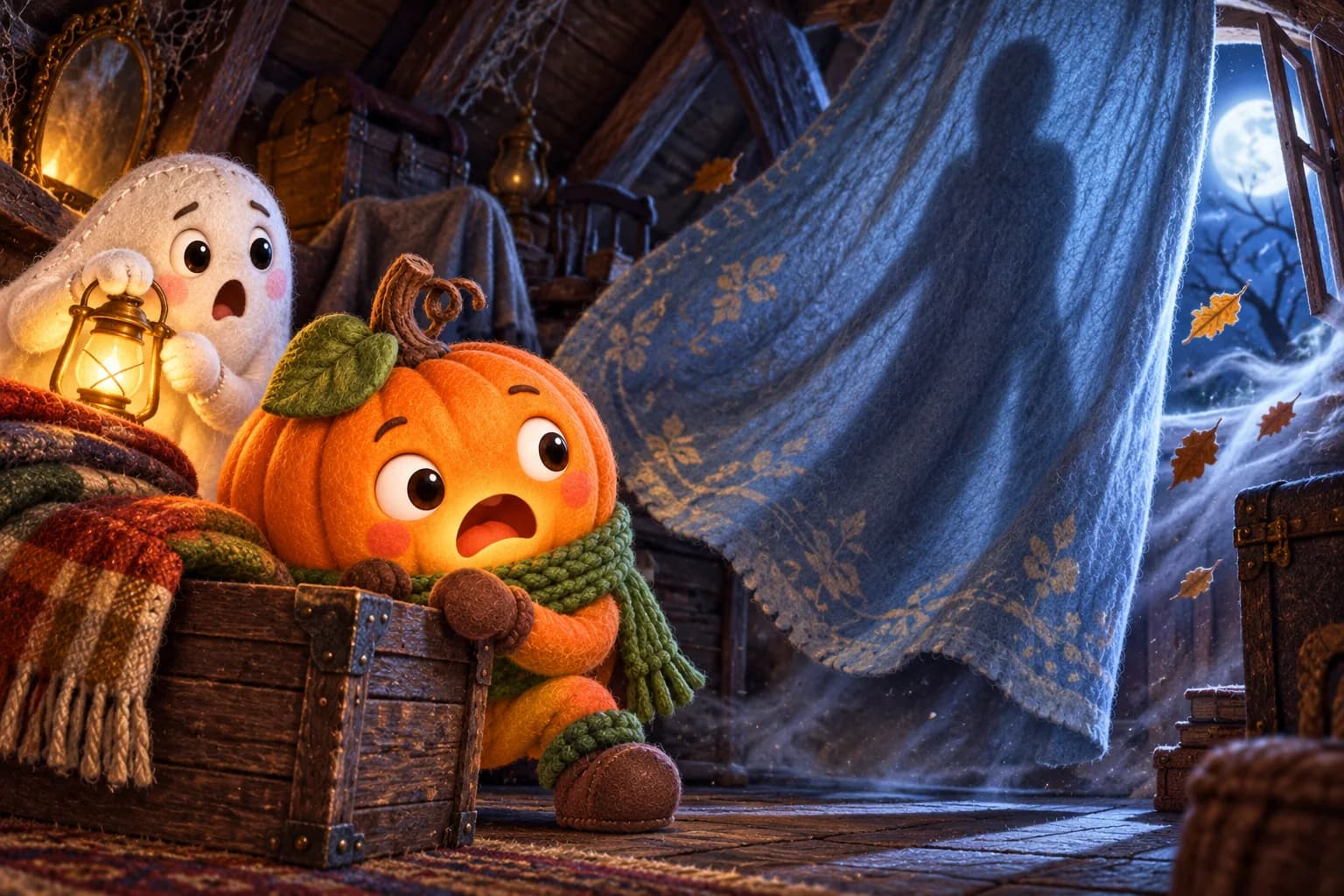 Le rideau bleu se gonfle devant une grande ombre dressée ; la Citrouille agrippe une caisse, le Petit Fantôme tient sa lanterne.
