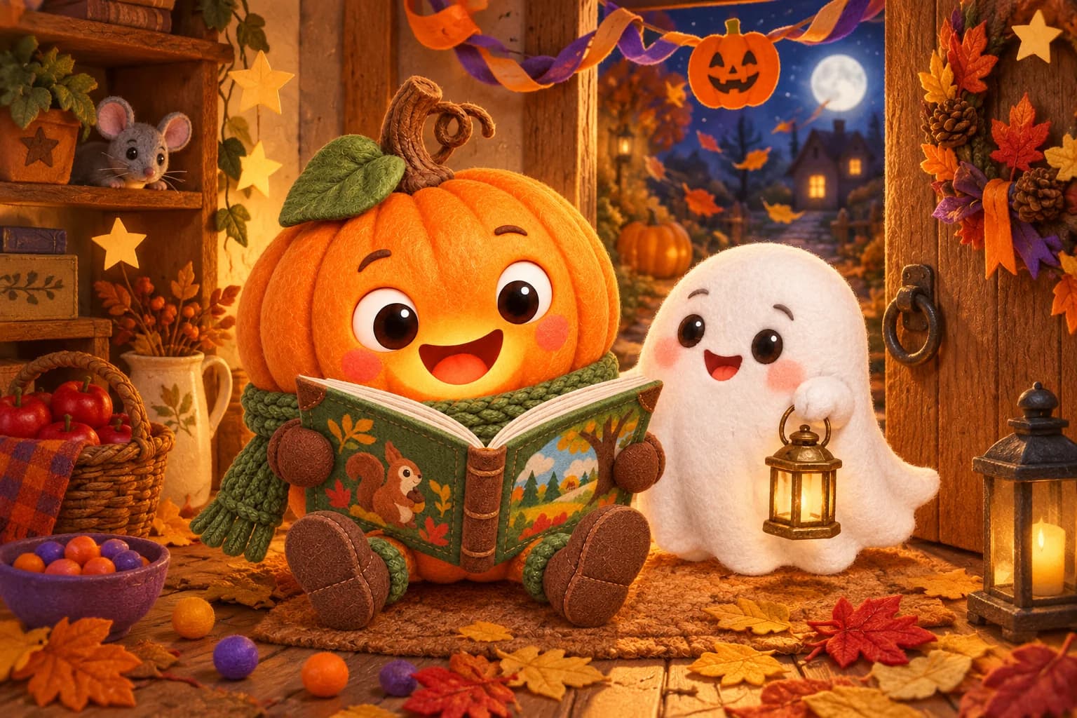La Citrouille et le Petit Fantôme se tiennent devant une maison décorée, parmi rubans, bonbons, pommes et feuilles colorées.