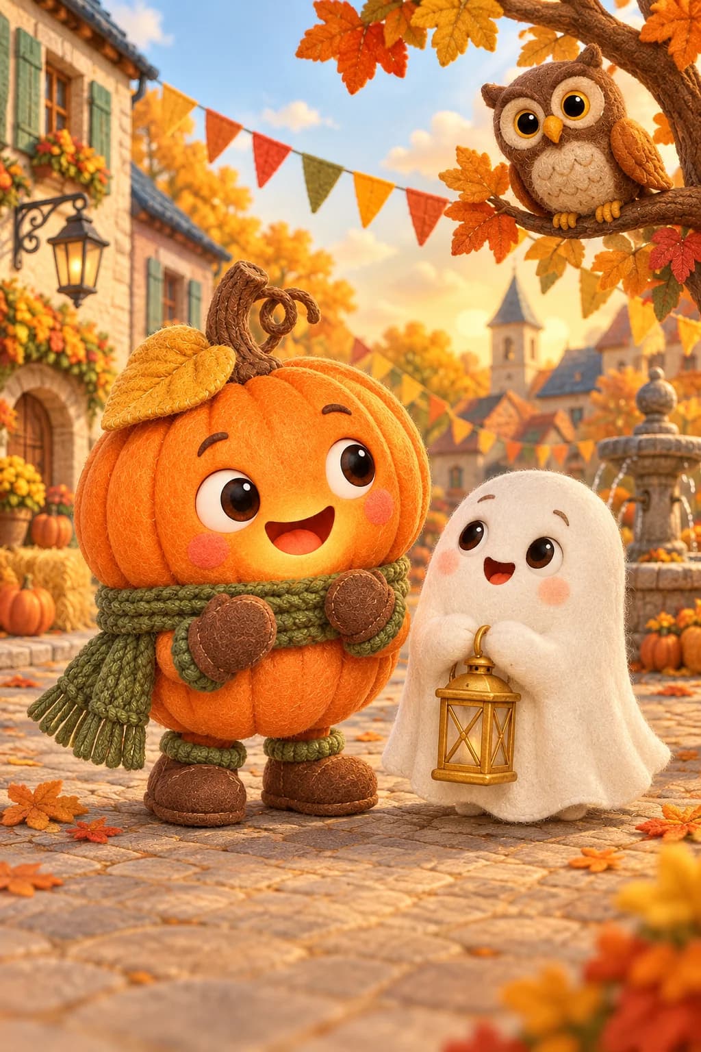 La Citrouille et le Petit Fantôme observent des fanions colorés dans le village d’Automne.