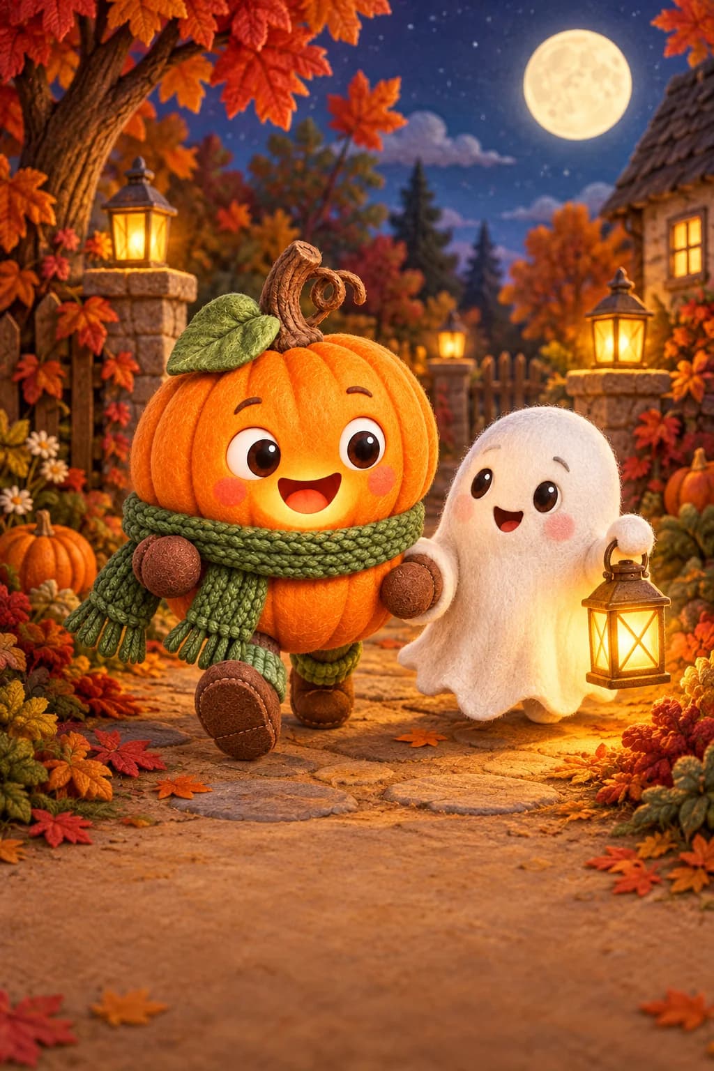 La Citrouille et le Petit Fantôme avancent sous la lune, entre feuilles rousses et lanternes dorées.
