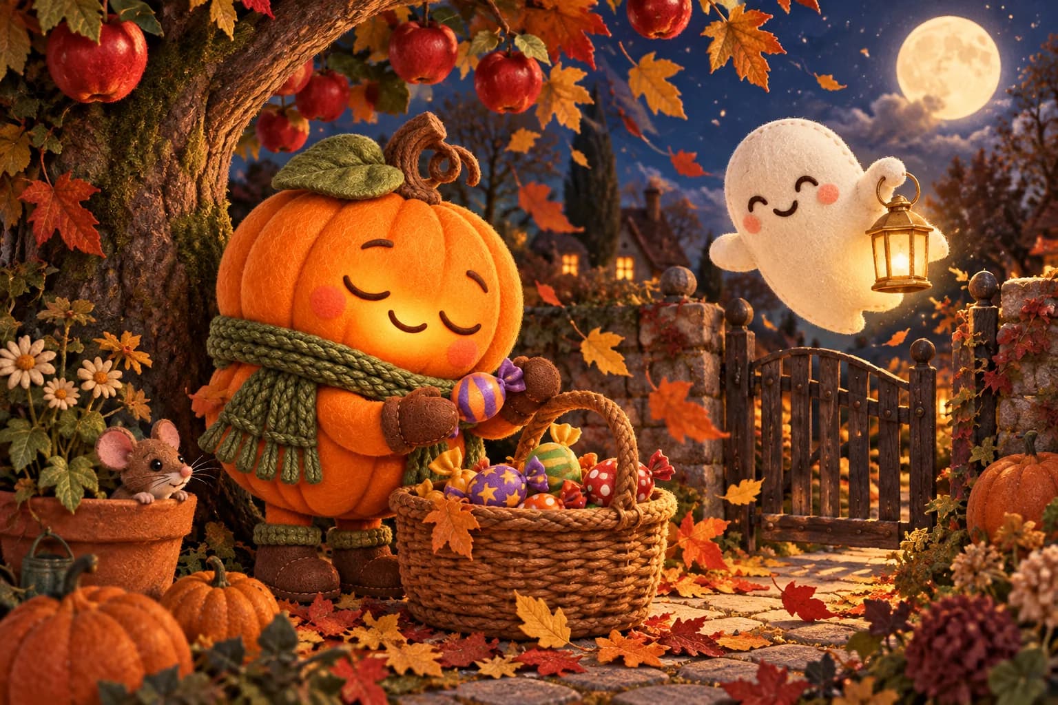 Dans le jardin éclairé par la lune, une citrouille prépare des bonbons tandis qu’un petit fantôme tient une lanterne dorée.