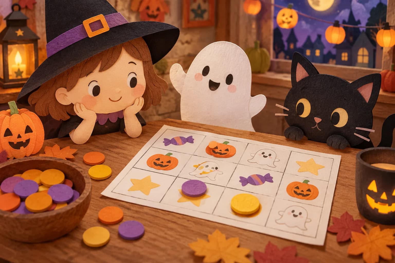 Grille de bingo d’Halloween douce et colorée avec des images de bonbons, de fruits et de petits jouets souriants