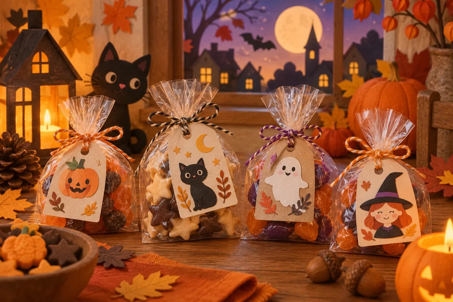 Planche d’étiquettes d’Halloween à découper avec citrouilles, étoiles, bonbons et messages joyeux