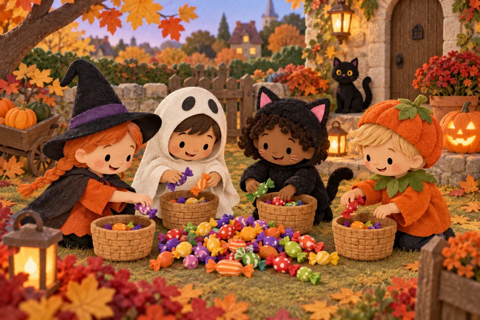 Enfants souriants partageant équitablement des bonbons colorés autour d’une table décorée de petites citrouilles