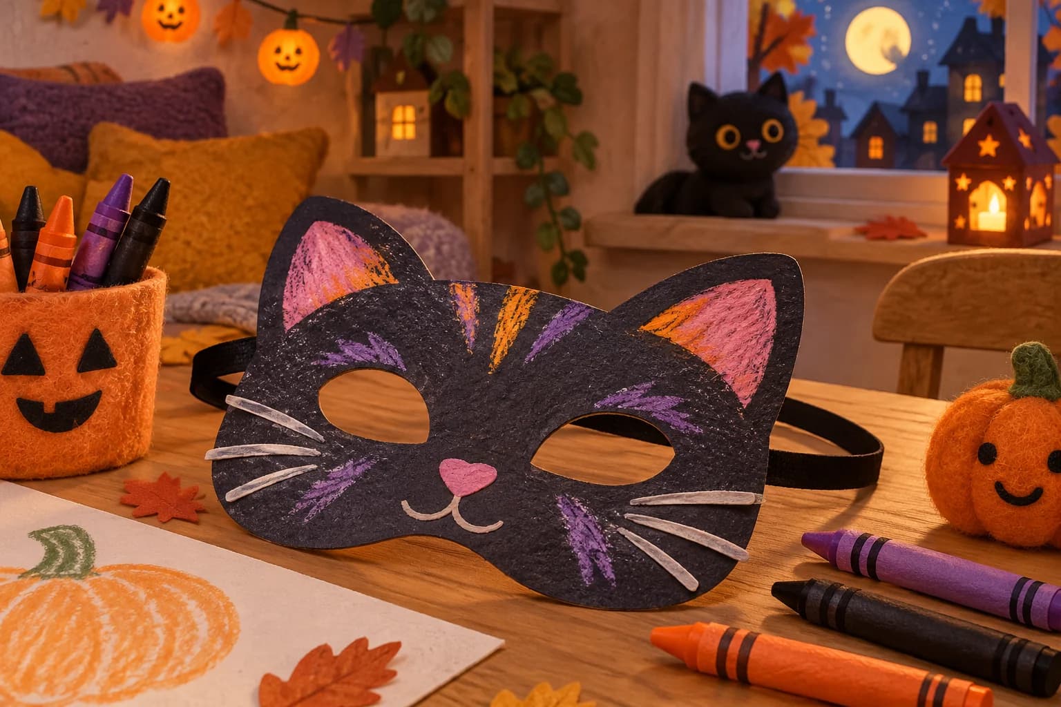 Masque de chat à colorier et découper, avec de grandes oreilles, des moustaches et une expression souriante, sur fond blanc