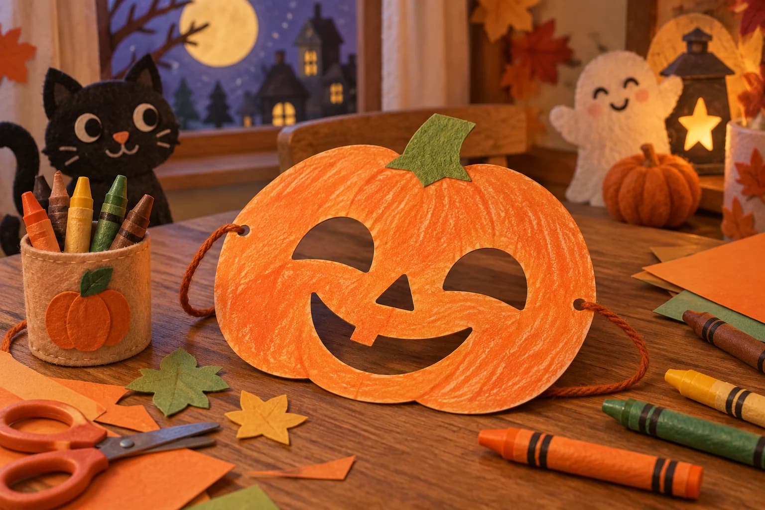 Masque de citrouille souriant à colorier et découper, avec une tige et une feuille, présenté sur fond blanc