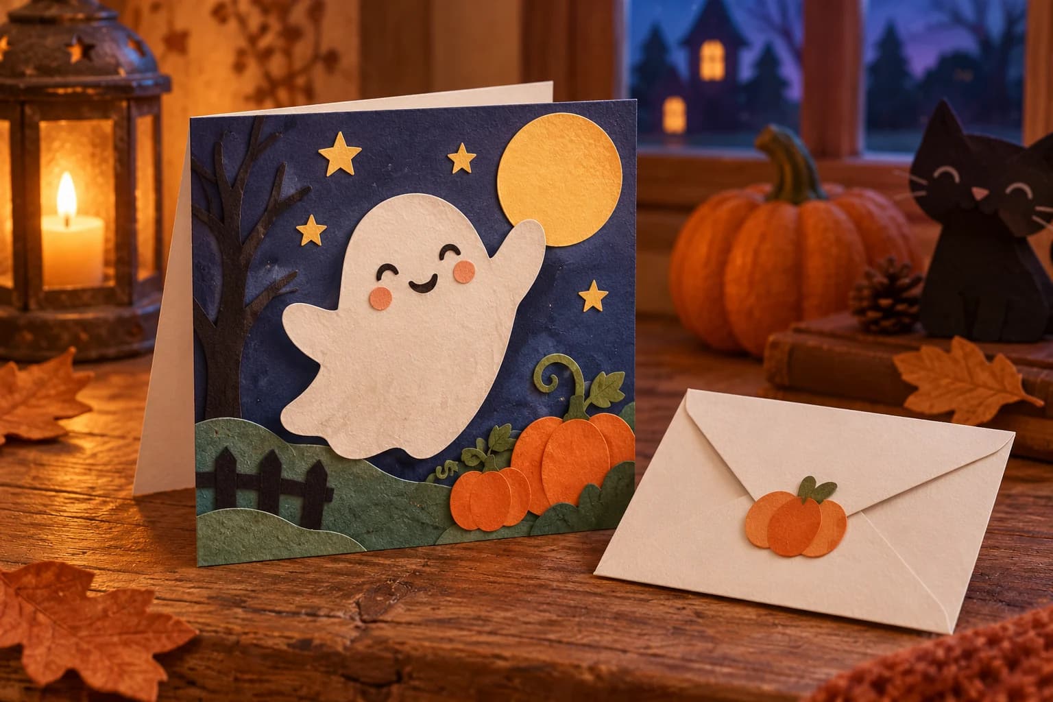 Petite carte pliée représentant un fantôme blanc souriant avec des joues roses, posée à côté d’une enveloppe décorée de petites étoiles.
