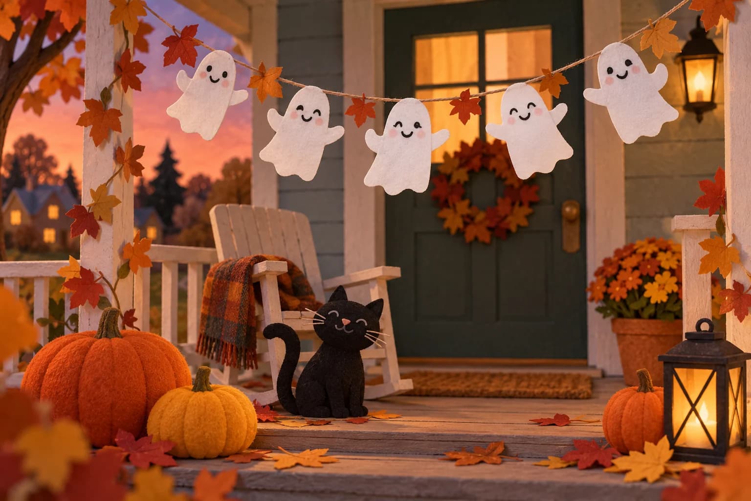 Guirlande en papier composée de petits fantômes blancs souriants, pliée en accordéon et suspendue comme décoration d’Halloween.